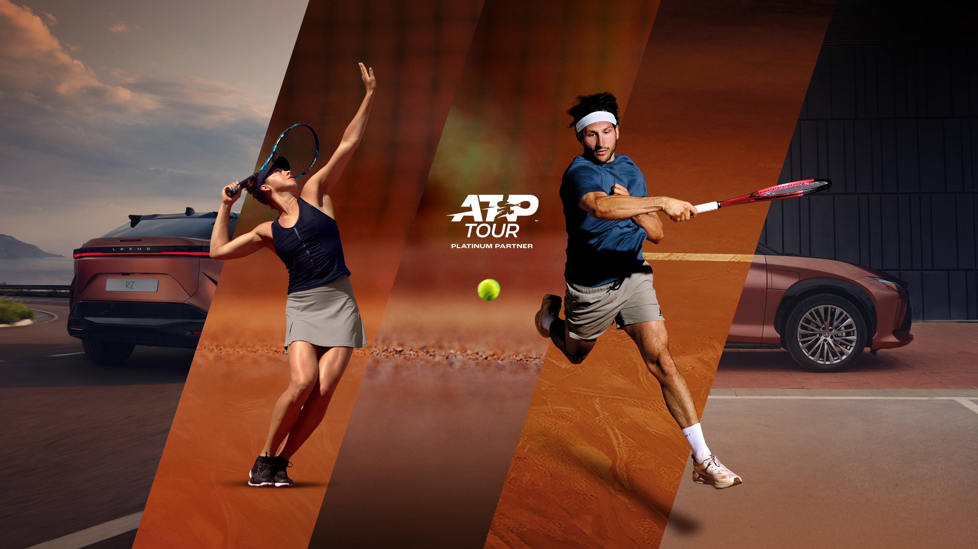 Splitbild von drei Tennisspielern und dem Lexus RZ