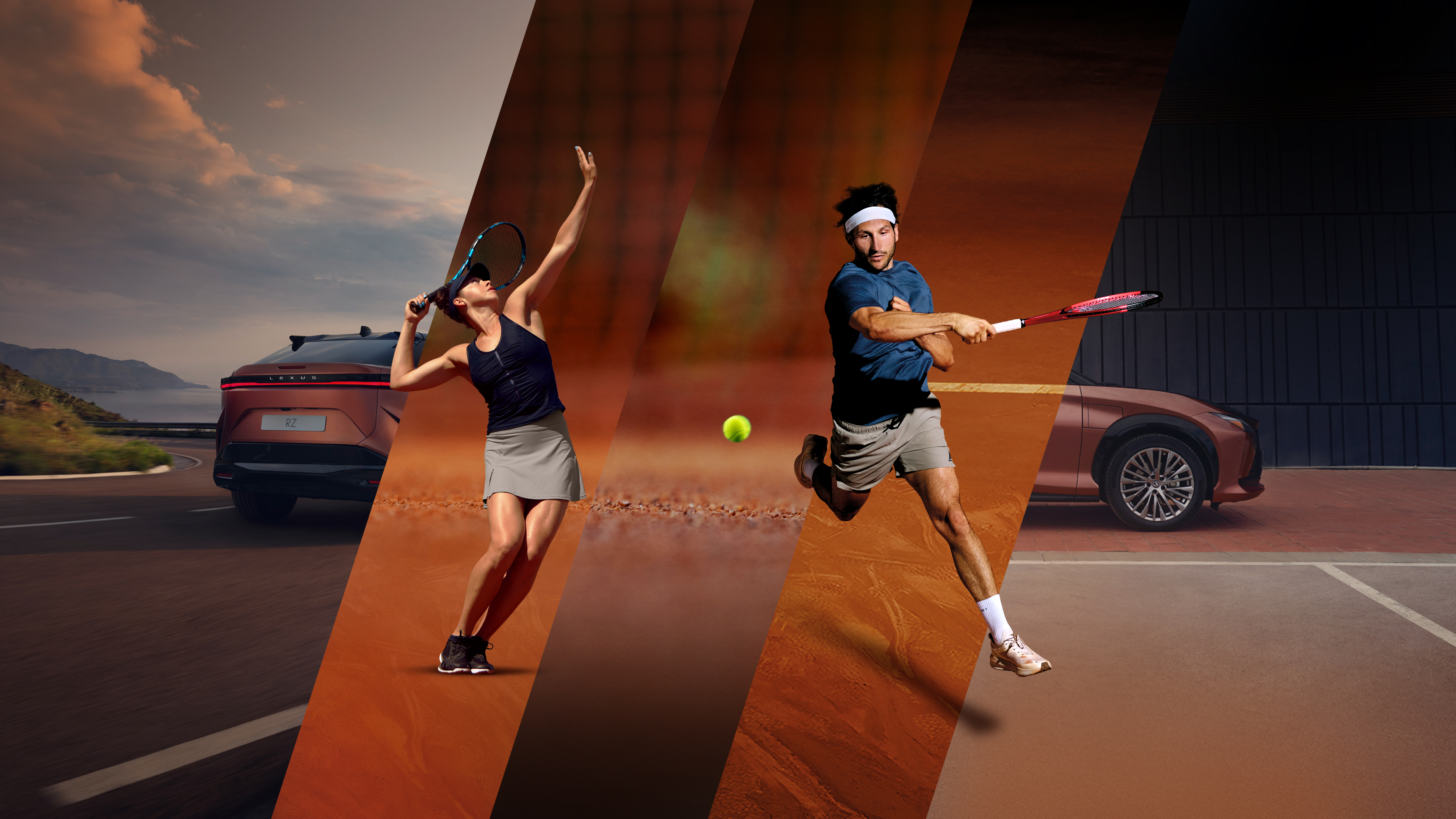 Splitbild von drei Tennisspielern und dem Lexus RZ