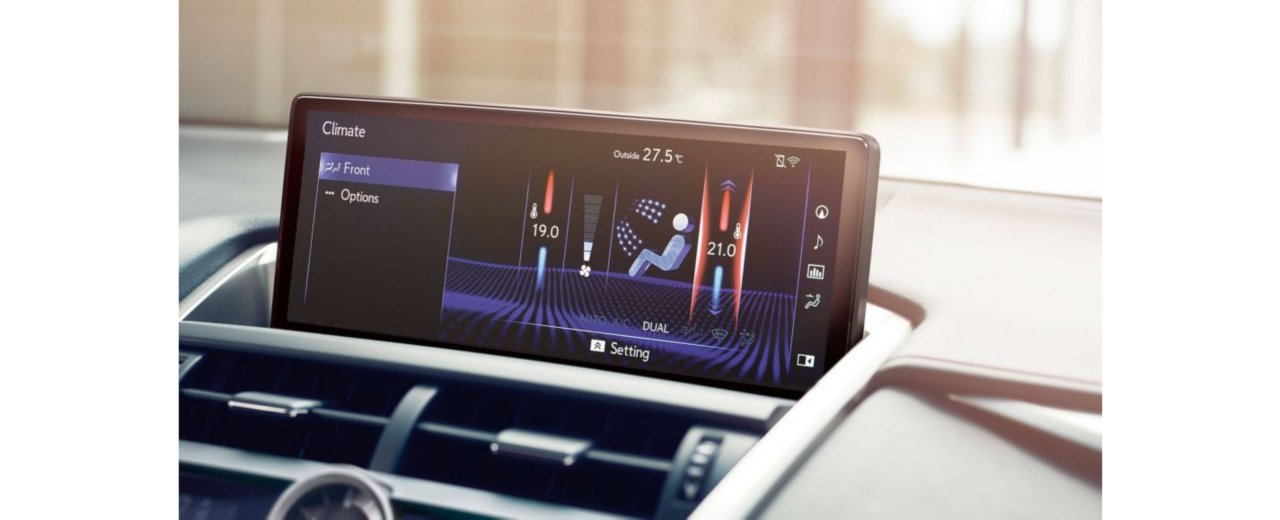 Close up interior view of a Lexus NX S-Flow Climactic dashboard