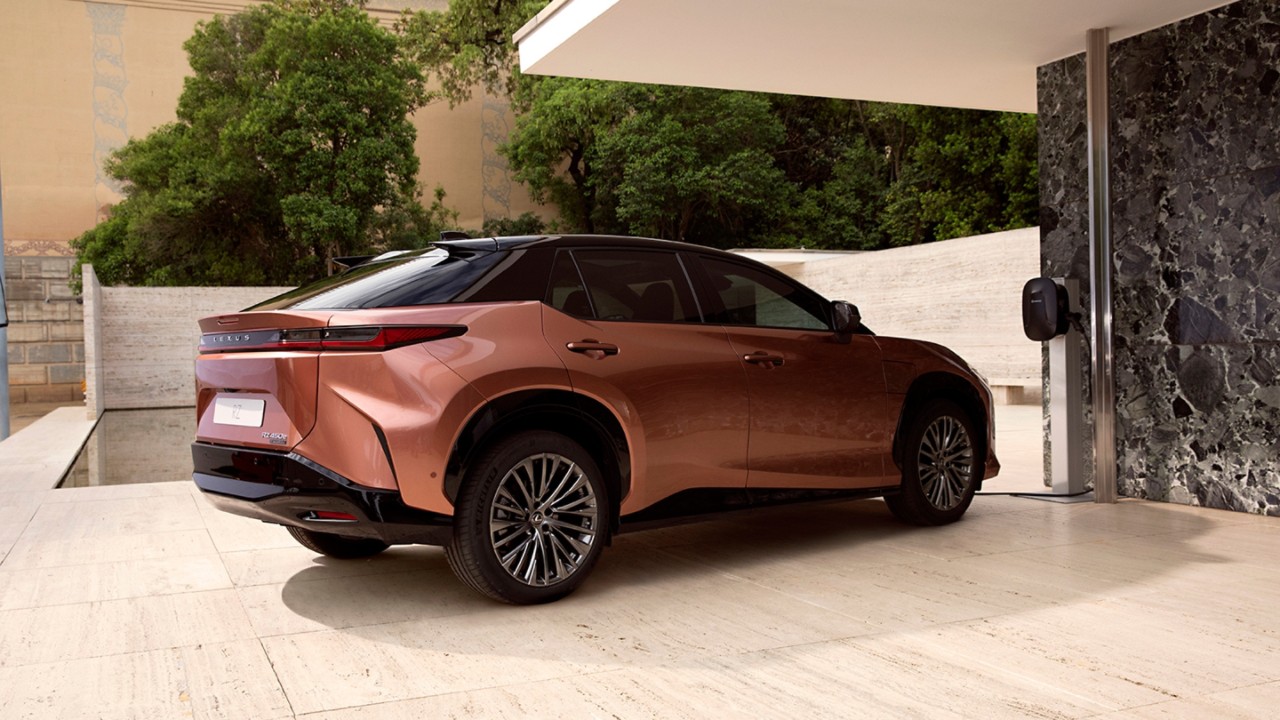 A Lexus RZ 450e parked in a rural location